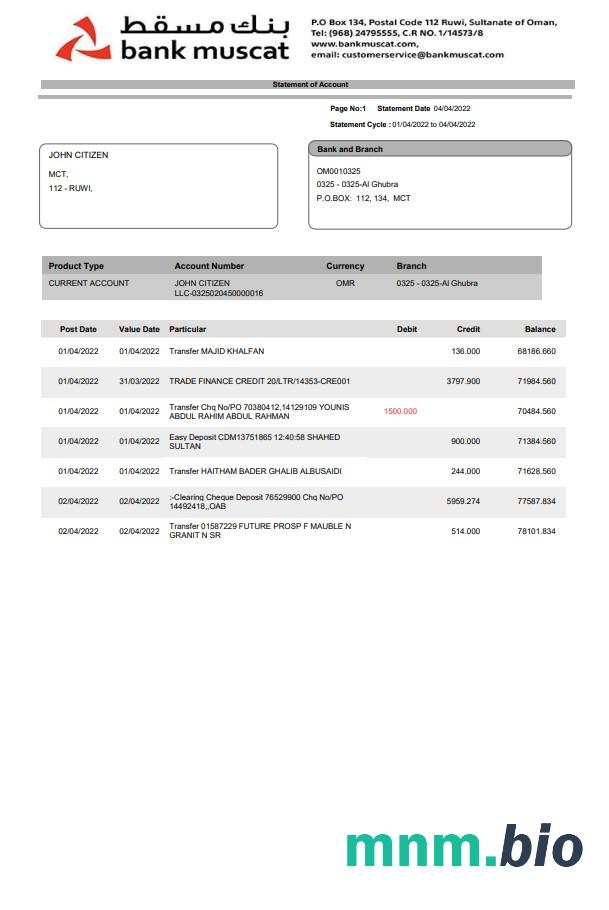 Szablon wyciągu bankowego Oman Bank Dhofar w programie Word i PDF